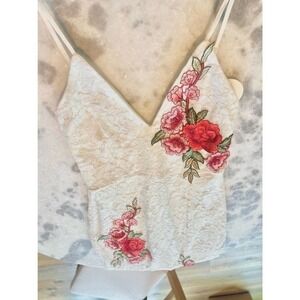 LUXXEL White Lace Dress With Embroidered Roses SMALL​​​​​​​​​​​​​​​​​​